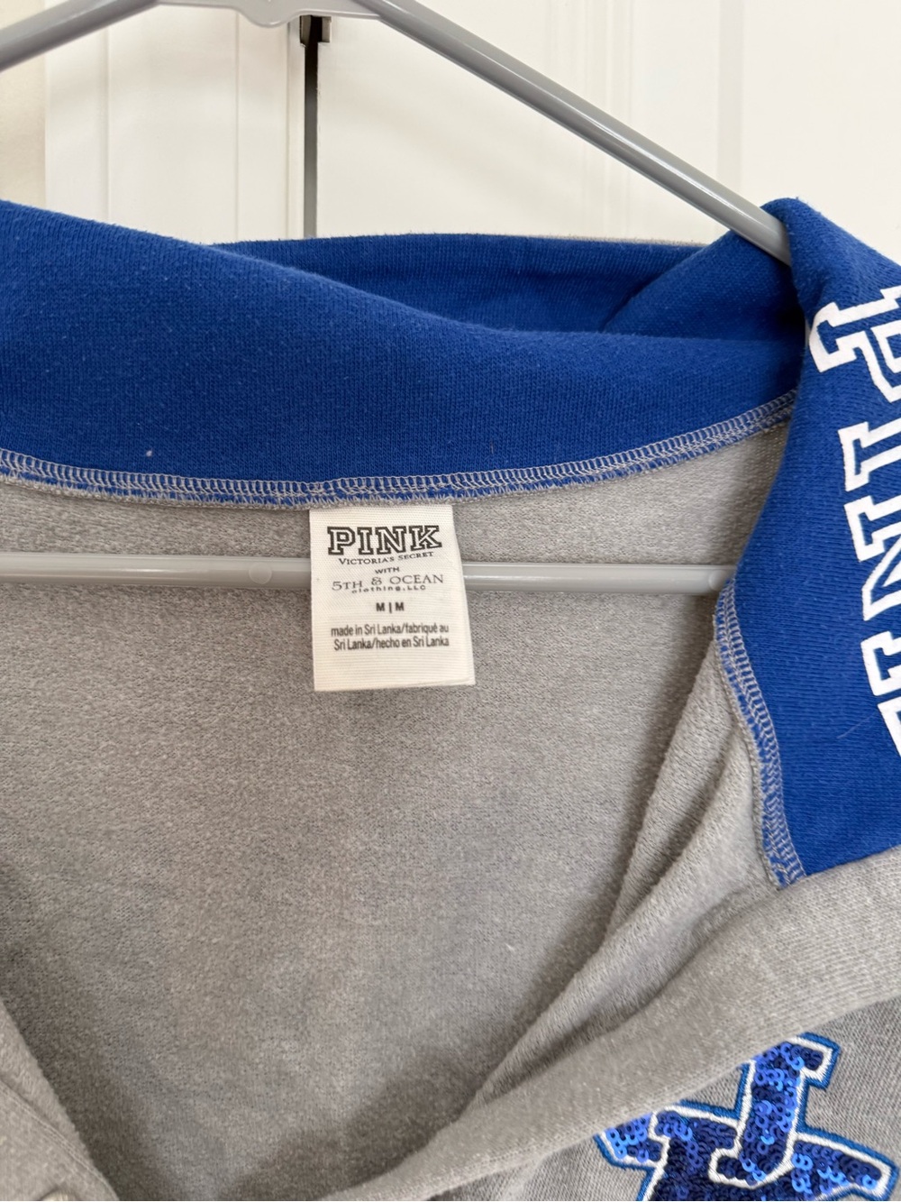PINK Victoria's Secret Gray Pullover with Blue Collar and UK Crest - Picture 2 of 3
